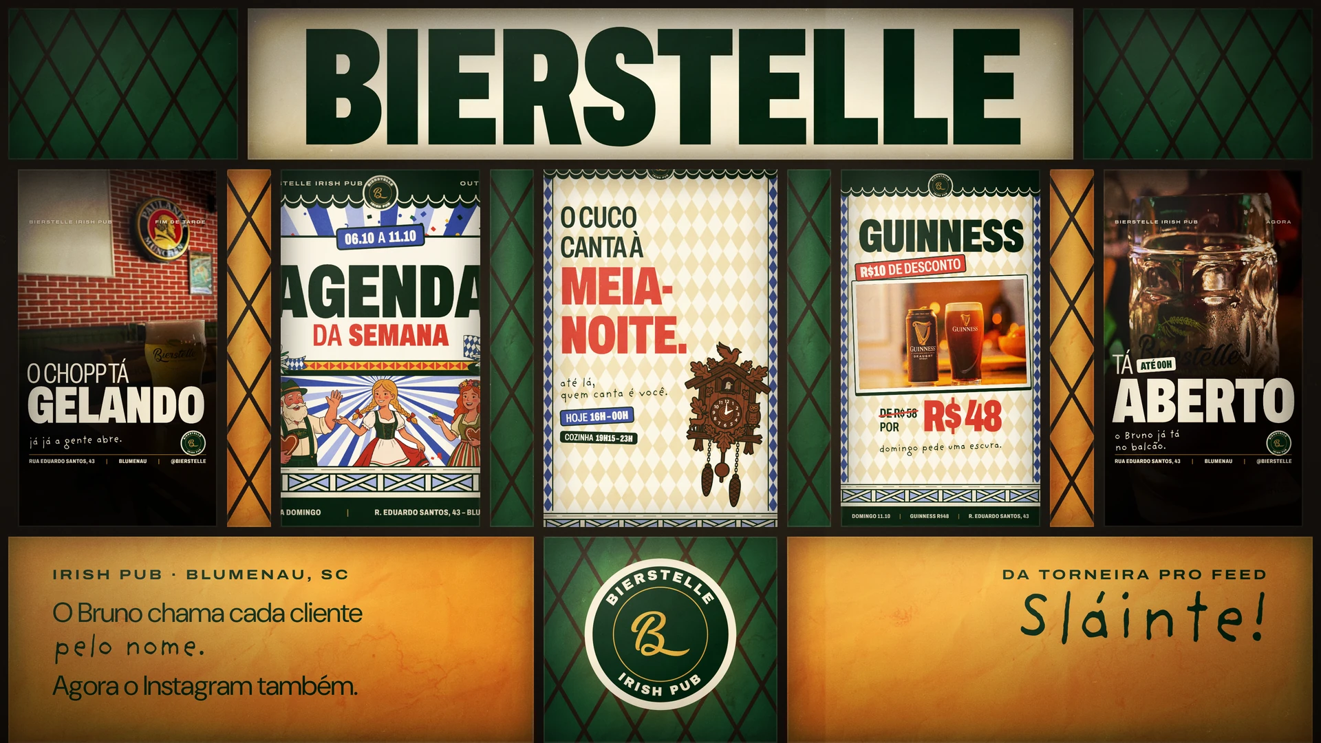 Case Bierstelle, irish pub em Blumenau: posts da agenda, promoções e identidade em vitral